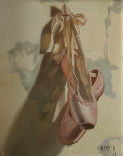 Ballet shoes on wall  
11" x 14"  oil